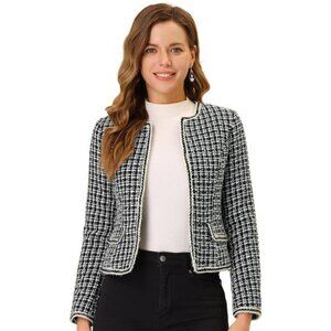 Women's Plaid Tweed Blazer: Long Sleeve Open Front Office Jacket